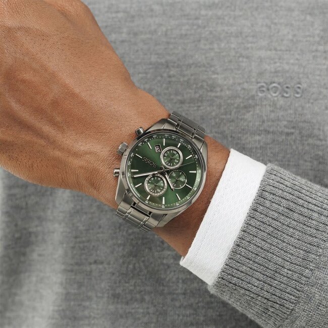 BOSS BOSS Horloge HB1514228 Grand Prix Staal Gun Metal Quartz Chronograaf met Groene Wijzerplaat 44mm