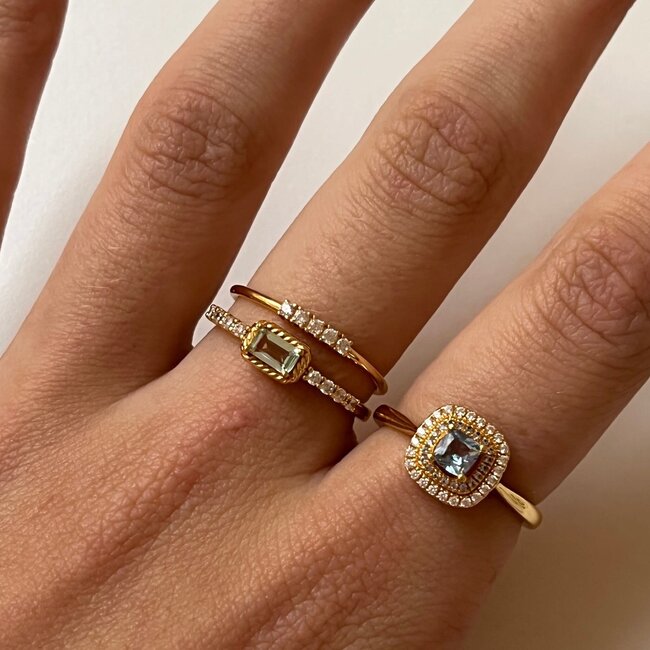 24KAE 24Kae Ring 124150Y/52 Zilver met Geelgouden Plating met Baquette Blauwe Zirkonia Maat 52