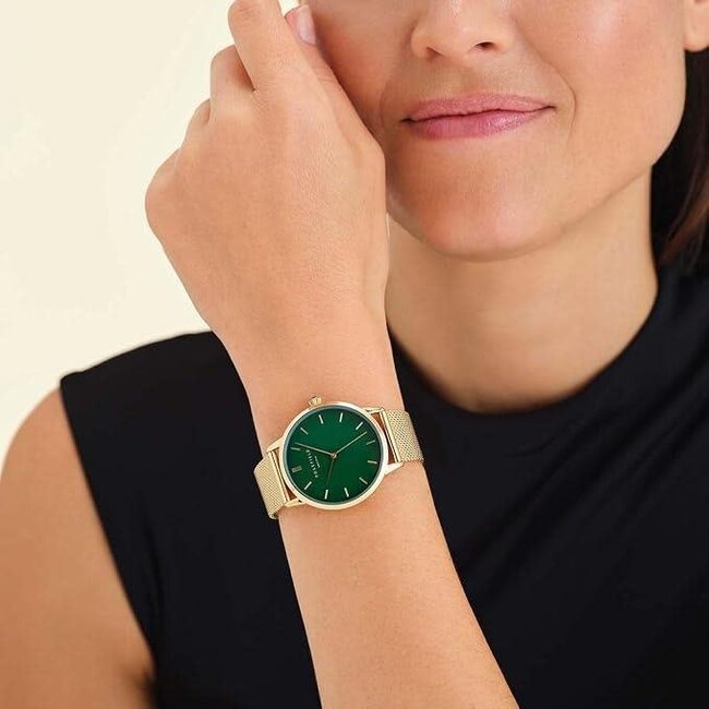 Rosefield Rosefield Horloge PEGMG-R10 Pearl Edit Staal met Geelgouden Plating en Groene Wijzerplaat en Mesh Horlogeband
