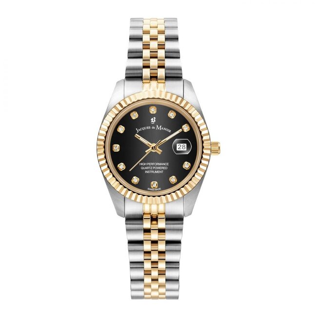 Jacques du Manoir Jacques du Manoir Horloge JWL01207 Staal Bi-color met Zwarte Wijzerplaat met Zirkonia 31mm