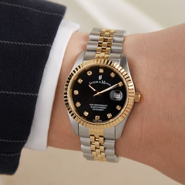 Jacques du Manoir Jacques du Manoir Horloge JWL01207 Staal Bi-color met Zwarte Wijzerplaat met Zirkonia 31mm