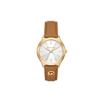Michael Kors Micheal Kors Horloge MK7465 Slim Runway Staal met Geelgouden Plating Quartz en Bruin Leren Horlogeband 38mm