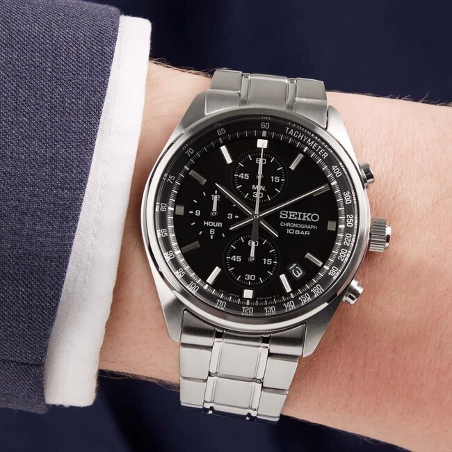 Seiko Seiko Horloge SSB379P1 Staal Quartz Chronograaf 100m Waterdicht met Zwarte Wijzerplaat41mm