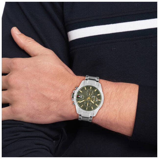 Tommy Hilfiger Tommy Hilfiger Horloge TH1792197 Jameson 43 mm Staal met groene wijzerplaat en gouden accenten