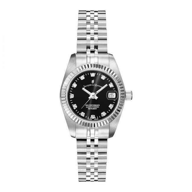 Jacques du Manoir Jacques du Manoir Horloge NRO.06 Inspiration Staal met Zwarte Wijzerplaat en Zirkonia 28mm