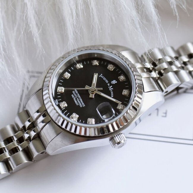 Jacques du Manoir Jacques du Manoir Horloge NRO.06 Inspiration Staal met Zwarte Wijzerplaat en Zirkonia 28mm