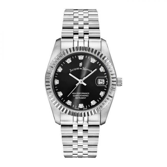 Jacques du Manoir Jacques du Manoir Horloge NRO.05 Inspiration Staal Quartz Swiss Made met Zwarte Wijzerplaat en Zirkonia 36mm