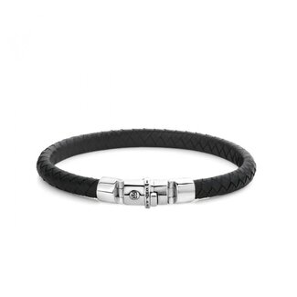 Rebel & Rose Rebel & Rose Armband RR-L0133-S-M Zilver met Halfrond Zwart Leer Maat M