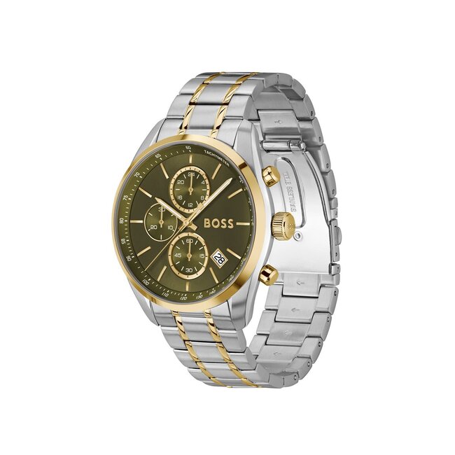 BOSS BOSS Horloge HB1514227 Grand Prix Staal Bicolor Quartz met Groene Wijzerplaat 44mm