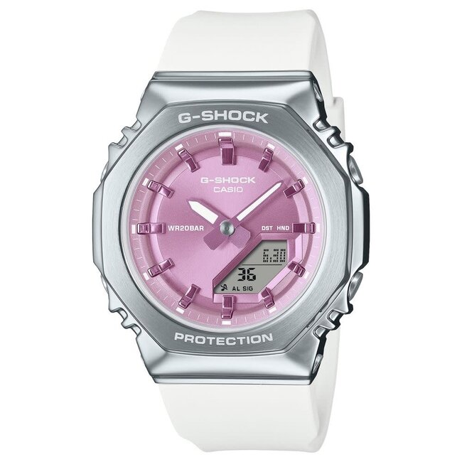 Casio G-Shock Casio G-Shock GM-S2110-7A6ER Staal Analoog Digitaal met Roze Wijzerplaat en Witte Horlogeband