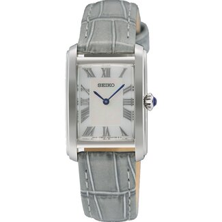 Seiko Seiko Horloge SWR099P1 Staal Quartz met MOP Wijzerplaat 50m Waterdicht en Grijzen Leren Horlogeband 22 x 34mm