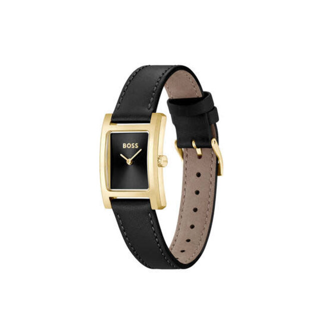 BOSS BOSS Horloge HB1502742 Lucy Staal met Geelgouden Plating Quartz met Zwart Leren Horlogeband 22 x 24.5mm