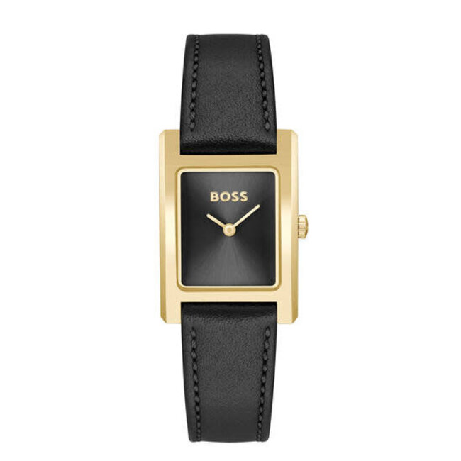 BOSS BOSS Horloge HB1502742 Lucy Staal met Geelgouden Plating Quartz met Zwart Leren Horlogeband 22 x 24.5mm