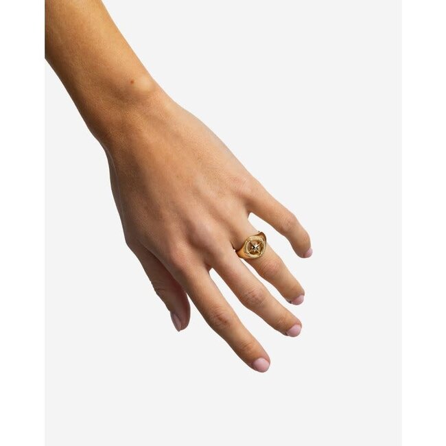 Buddha to Buddha Buddha to Buddha Ring 057GV 18 Signet Compass Zilver met Geelgouden Plating Maat 18