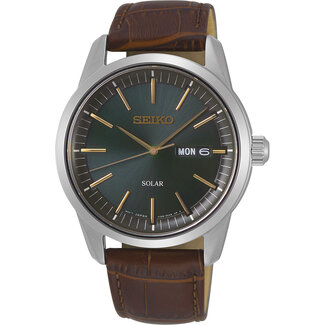 Seiko Seiko Horloge SNE529P1 Staal Solar Saffierglas 100m Waterdicht met Bruine Leren Horlogeband 40mm