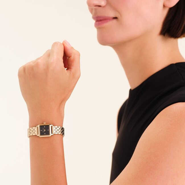 Rosefield Rosefield Horloge BBGSG-B08 Boxelle Black 4 Crystal Quartz met Geelgouden Plating met Zwarte Wijzerplaat 19.5mm