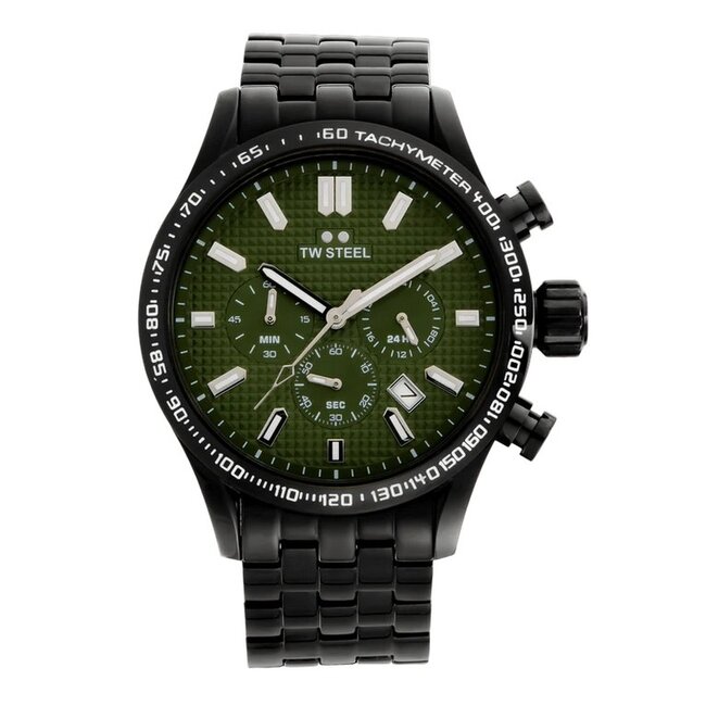 TW Steel TW Steel Horloge VB3 Volante Staal met Zwarte Coating Quartz Swiss Made Chronograaf met Groene Wijzerplaat 45mm
