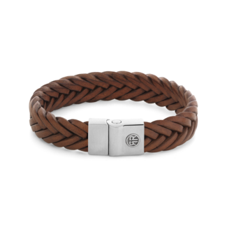 Rebel & Rose Rebel & Rose Armband RR-M0053-S-L Metaal Premium Braided Cognac Leer 12mm Maat L