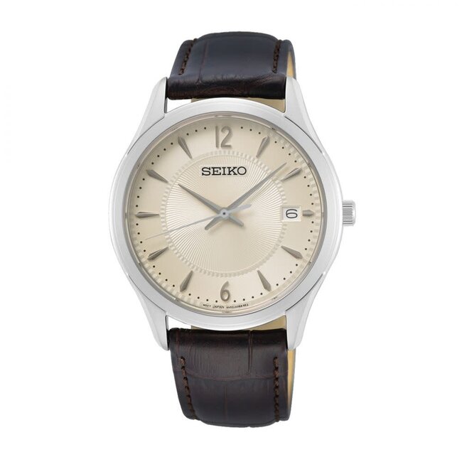 Seiko Seiko Horloge SUR421P1 Staal Quartz Saffierglas 100m Waterdicht met Bruin Leren Horlogeband 39mm