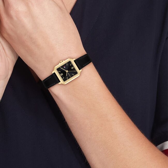 Tommy Hilfiger Tommy Hilfiger Horloge TH1782835 Mia Geelgouden Plating met Zwart Leren Band Quartz 24x22.5mm