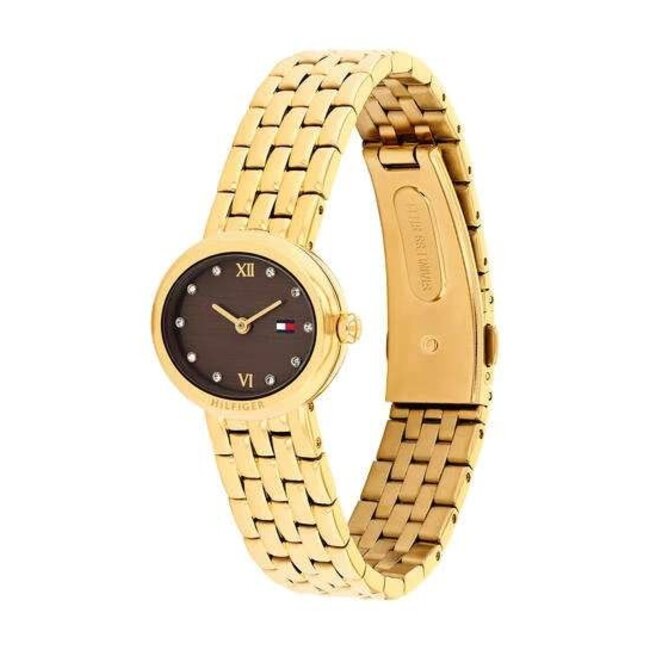 Tommy Hilfiger Tommy Hilfiger Horloge TH1782844 Moira Staal Goudkleurig en Bruinkleurige Ovale Wijzerplaat 25x22mm