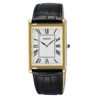 Seiko Seiko Horloge SWR104P1 Staal met Geelgouden Plating Quartz Saffierglas 50m Waterdicht met Zwart Leren Horlogeband 27mm x 38mm