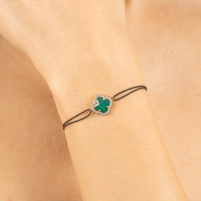 Morganne Bello Morganne Bello Armband 30X04YB285D 14k Geelgoud met Mini Groen Agaath 1.144crt en Diamanten 0.096crt met Grijs Koord
