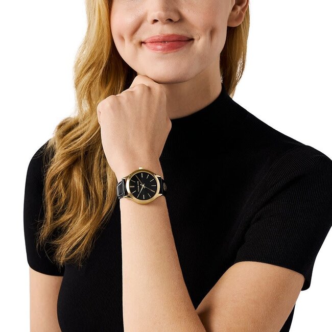 Michael Kors Michael Kors Horloge MK7553 Goudkleurige Quartz met Zwarte Wijzerplaat met Zwarte Leren Band 38mm