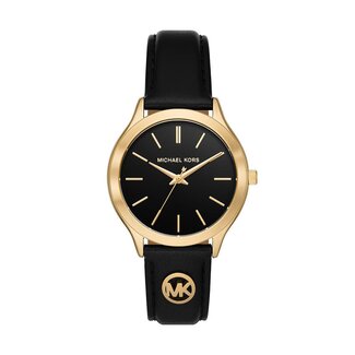 Michael Kors Michael Kors Horloge MK7553 Goudkleurige Quartz met Zwarte Wijzerplaat met Zwarte Leren Band 38mm