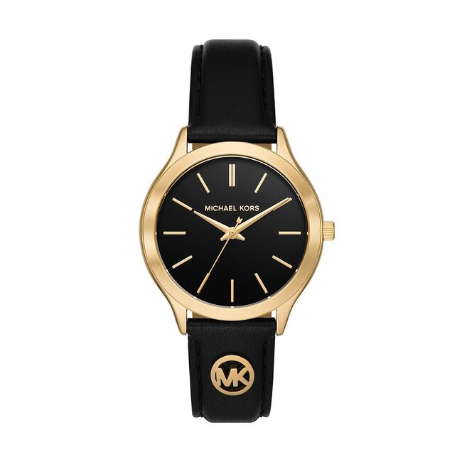 Michael Kors Michael Kors Horloge MK7553 Goudkleurige Quartz met Zwarte Wijzerplaat met Zwarte Leren Band 38mm