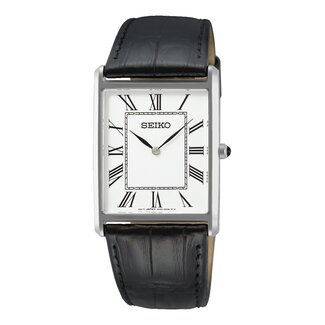 Seiko Seiko Horloge SWR103P1 Staal Vierkant Quartz met Saffier Glas 50m Waterdicht en Zwart Leren Horlogeband 22x38mm