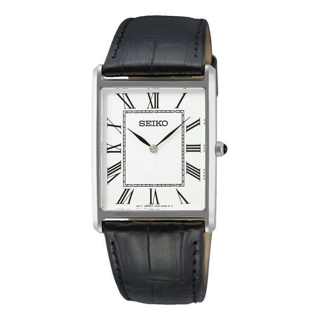 Seiko Seiko Horloge SWR103P1 Staal Vierkant Quartz met Saffier Glas 50m Waterdicht en Zwart Leren Horlogeband 22x38mm
