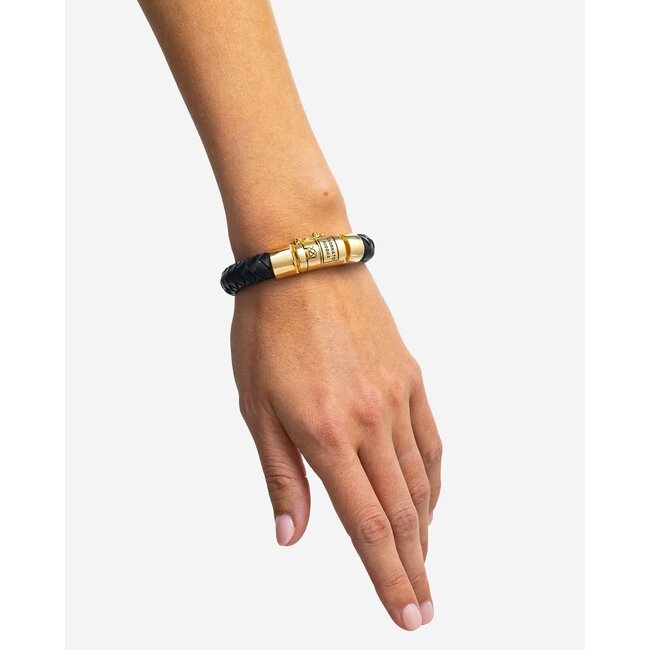 Buddha to Buddha Buddha to Buddha Armband 544BL GV G Ben Leer Zwart Zilver met Geelgouden Plating Maat G