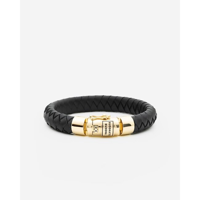 Buddha to Buddha Buddha to Buddha Armband 544BL GV G Ben Leer Zwart Zilver met Geelgouden Plating Maat G