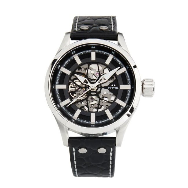 TW Steel TW Steel Horloge VS130 Skeleton Volante Staal Automaat Swiss Made met Zwart Leren Horlogeband 44mm