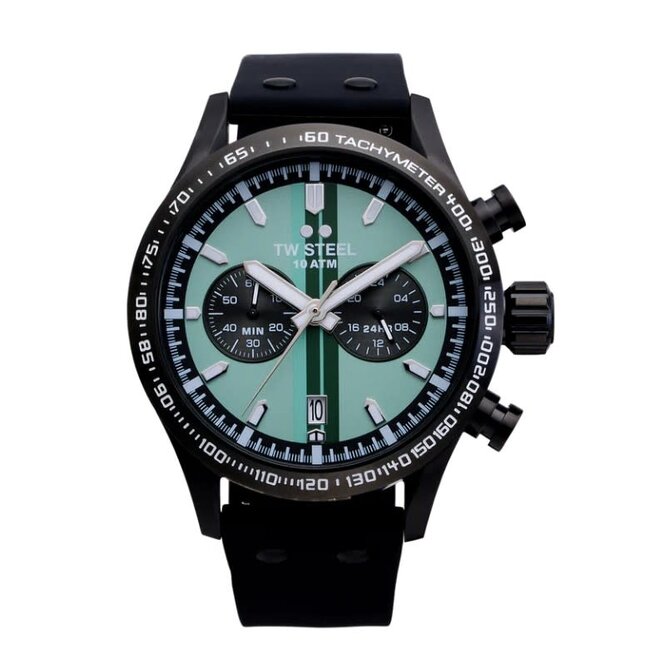 TW Steel TW Steel Horloge VS134 Volante Sport Staal met Zwarte Coating Quartz Chronograaf Mint Groene Wijzerplaat 45mm