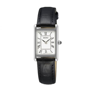Seiko Seiko Horloge SWR107P1 Staal Vierkant Quartz 50m Waterdicht Saffierglas met Zwart Leren Horlogeband  28.4 x 18.9mm