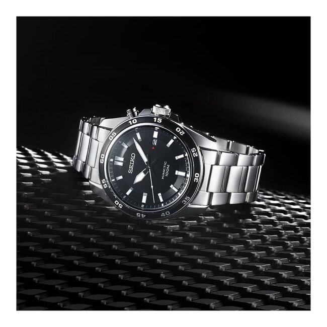 Seiko Seiko Heren Horloge SKA785P1 Staal Kinetic 100m Waterdicht met Zwarte Wijzerplaat 43mm
