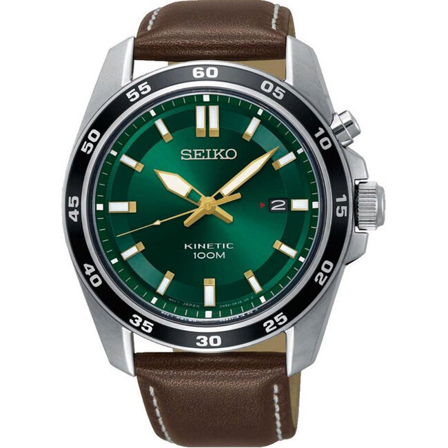 Seiko Seiko Horloge SKA791P1 Staal Kinetic 100m Waterdicht met Groen Wijzerplaat en Bruin Leren Horlogeband 43mm