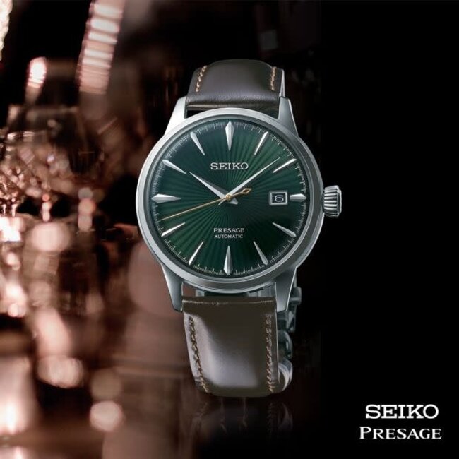 Seiko Seiko Horloge SRPD371J1 Presage Automaat 50m Waterdicht met Groene Wijzerplaat en Bruin Leren Horlogeband 40mm