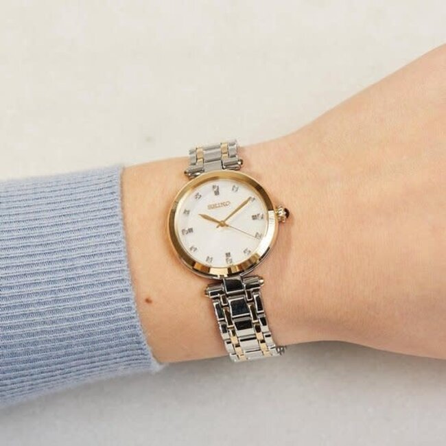 Seiko Seiko Horloge SRZ532P1 Quartz Staal Bi-colour Saffierglas 50m Waterdicht met Diamant en Parelmoer Wijzerplaat 30mm