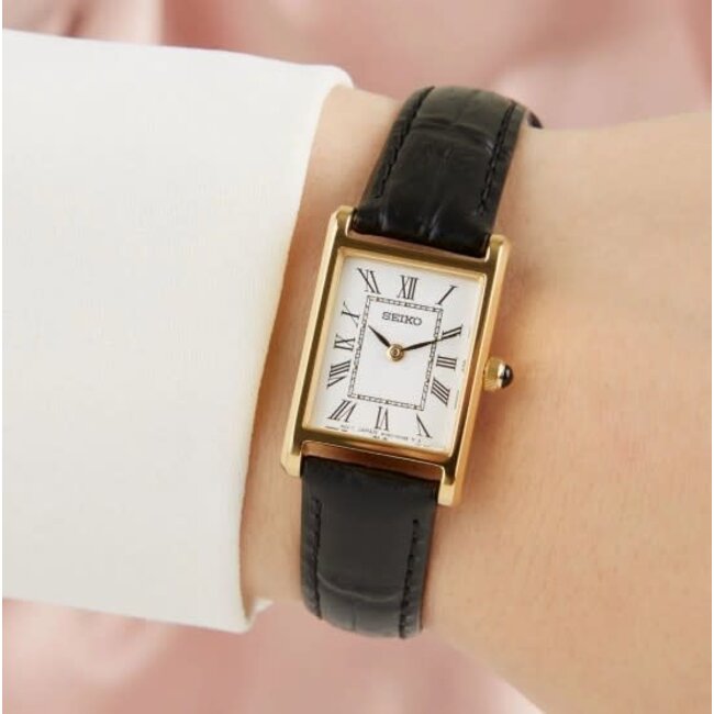 Seiko Seiko Horloge SWR108P1 Staal met Geelgouden Plating Quartz Saffierglas 50m Waterdicht met Zwart Leren Horlogeband 19mm x 23mm