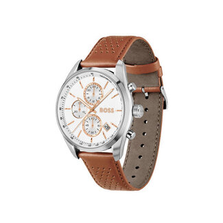 BOSS BOSS Horloge HB1514313 Grand Prix Staal Quartz Chronograaf met Bruin Leren Horlogeband 44mm
