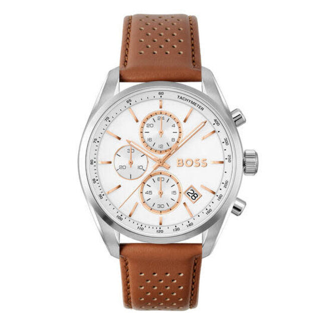 BOSS BOSS Horloge HB1514313 Grand Prix Staal Quartz Chronograaf met Bruin Leren Horlogeband 44mm