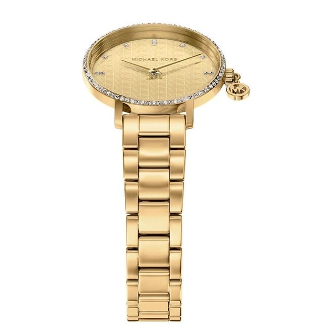 Michael Kors Michael Kors Horloge MK7572 Pyper Staal Goudkleurige Plating Quartz met Kristallen en Hangend Bedel 32mm