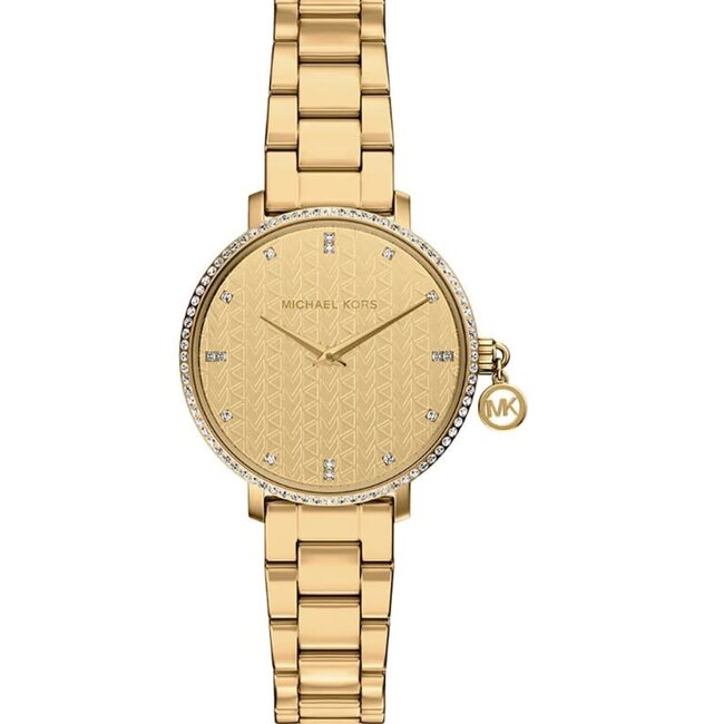 Michael Kors Michael Kors Horloge MK7572 Pyper Staal Goudkleurige Plating Quartz met Kristallen en Hangend Bedel 32mm