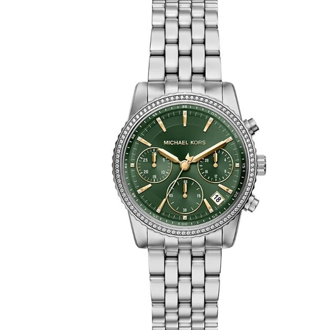 Michael Kors Michael Kors Horloge MK7583 Bryant Staal met Kristallen Groene Wijzerplaat Quartz 35mm