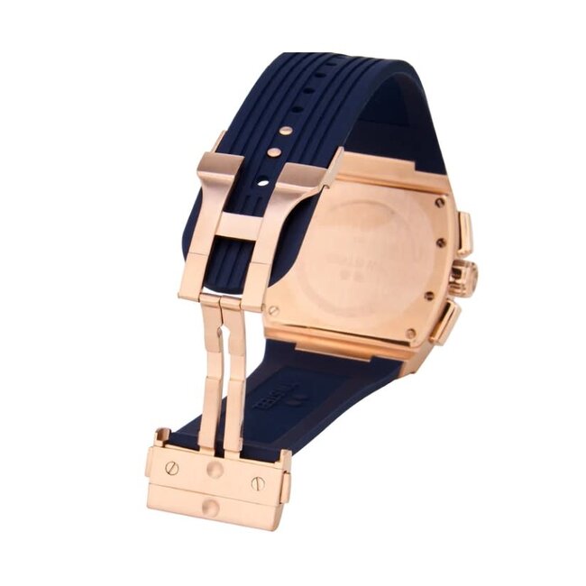 TW Steel TW Steel Horloge T03 Tonneau Staal met Rosegouden Plating Quartz Swiss Made Chronograaf met Blauwe Rubbere Horlogeband 42mm