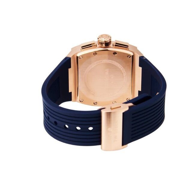 TW Steel TW Steel Horloge T03 Tonneau Staal met Rosegouden Plating Quartz Swiss Made Chronograaf met Blauwe Rubbere Horlogeband 42mm