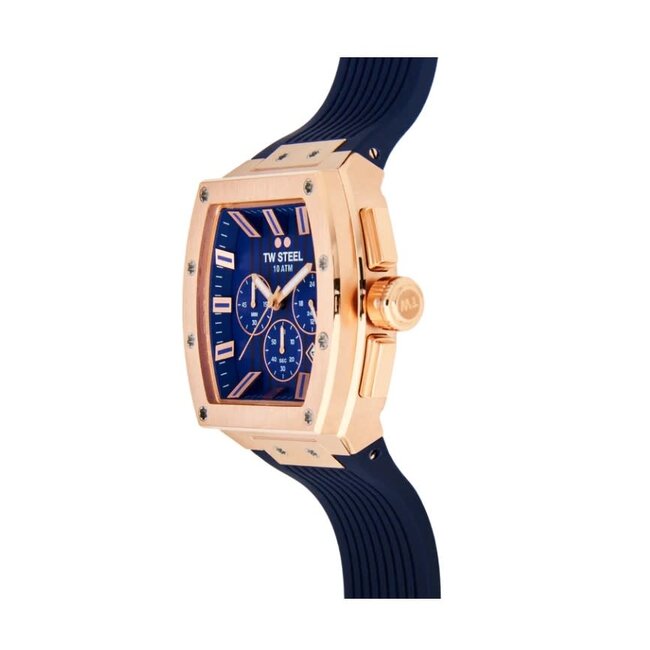 TW Steel TW Steel Horloge T03 Tonneau Staal met Rosegouden Plating Quartz Swiss Made Chronograaf met Blauwe Rubbere Horlogeband 42mm